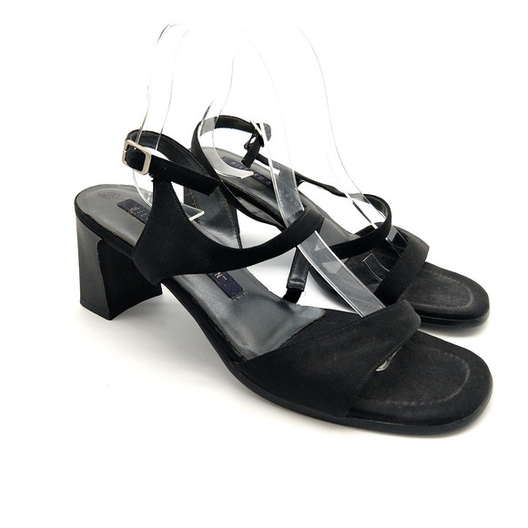 Vintage 90s Hillard & Hanson Strappy Heels Size 9.5 Black Chunky Heel Square Toe - Picture 1 of 6